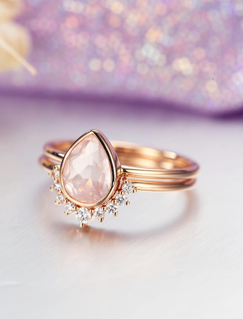 Rose Quartz Engagement Ring set Rose Gold engagement ring Vintage Diamond Wedding ring set Bridal ring Pear cut Stacking Promise ring image 5