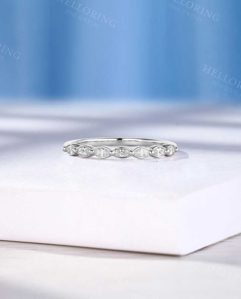 Vintage Marquise Cut Diamond Wedding Band, Handmade White Gold Band, Delicate Seven Stone Ring, Stacking Matching Ring, Bridal Promise Ring image 4