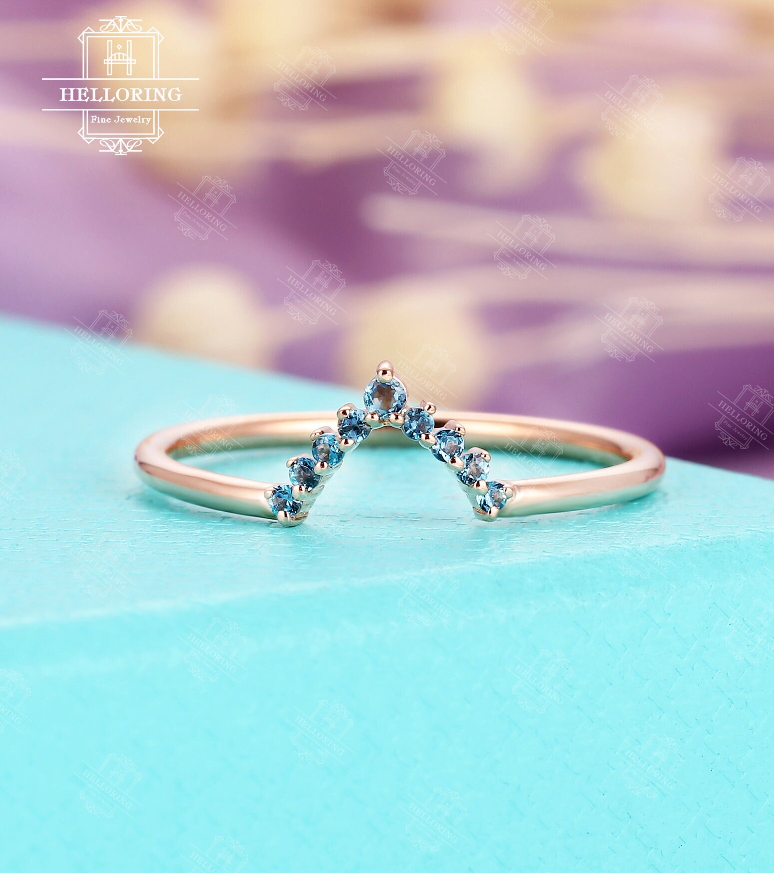 Rose gold wedding band Curved London blue topaz ring Dainty Simple Matching Stacking ring Promise ring personalized Anniversary ring