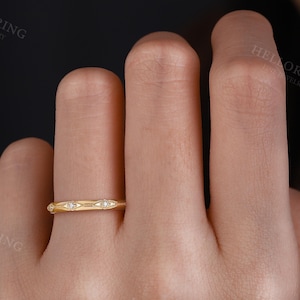 Vintage Diamond Wedding Band, Solid Gold, Unique Milgrain Band, Stackable Matching Anniversary Ring for Women image 2