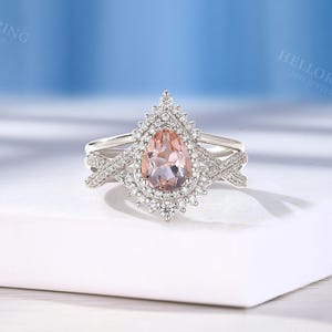 Vintage Pear Morganite Engagement Ring Set,Handmade White Gold Ring,Halo Moissanite / Diamond Wedding Band,Women Art Deco Twisted Bridal Ring