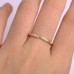 Art Deco Diamond Wedding Band Vintage yellow Gold Band unique Milgrain wedding band Bridal Stacking Matching Band Anniversary Band image 3