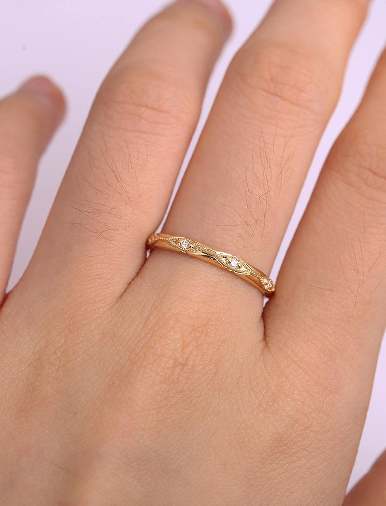 Art Deco Diamond Wedding Band Vintage yellow Gold Band unique Milgrain wedding band Bridal Stacking Matching Band Anniversary Band image 3