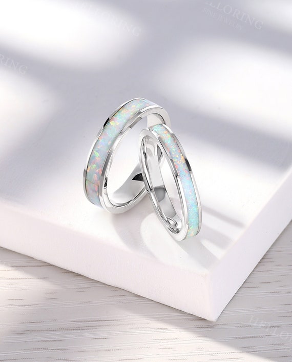 Art Deco Lab Opal Wedding Band, White Gold Full Eternity Opal Band, Unique Dainty Stacking Matching Rings for Women