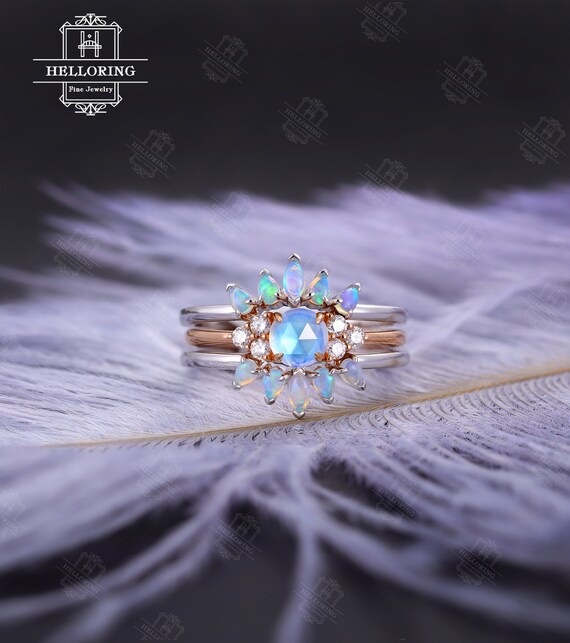 Moonstone Engagement Ring Set Rose Gold White Gold Vintage Etsy