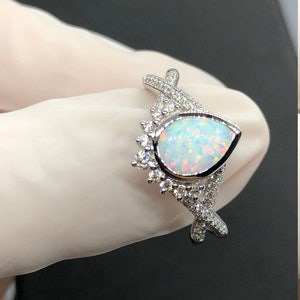 Vintage Lab Opal Engagement Ring Rose Gold Pear Cut Wedding Ring Halo ...