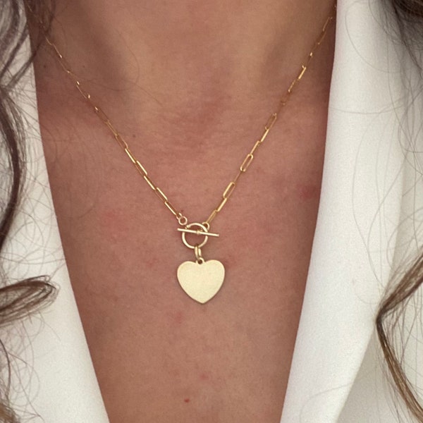 Toggle Necklace in 14k Yellow Gold. Heart Pendant Toggle Necklace on Paperclip Chain
