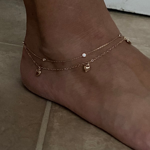 Double stranded anklet, 14k solid gold multilayer anklet, double layer heart charm anklet. Adjustable