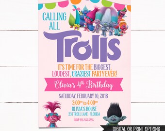Trolls Invitation, Trolls Birthday Invitation, Digital Trolls Invitation