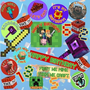 May include: A collection of colorful Minecraft-themed birthday party decorations. Includes round stickers with text like "Happy Birthday" and "It's My Birthday!" along with pixelated graphics of characters, weapons, and TNT blocks.