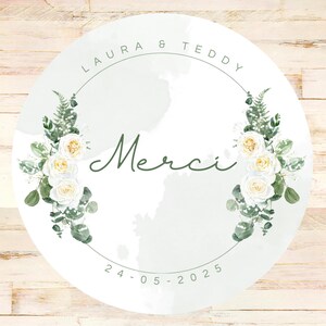 Stickers Aquarelle Roses Blanches I Etiquettes personnalisées IStickers Mariage I Cadeau de Mariage Autocollant Remerciement I Stickers Rond