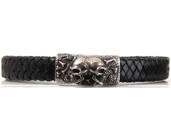 Braided Leather Bracelet Solid Sterling Silver 925 Magnetic Clasp  Skull Pattern Size 12 x 5 mm Black Color Unisex