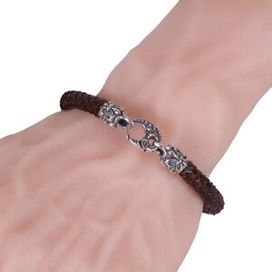 Genuine Python Leather Bracelet Sterling Silver 925 Snap Lock Cross Pattern Unisex 6mm