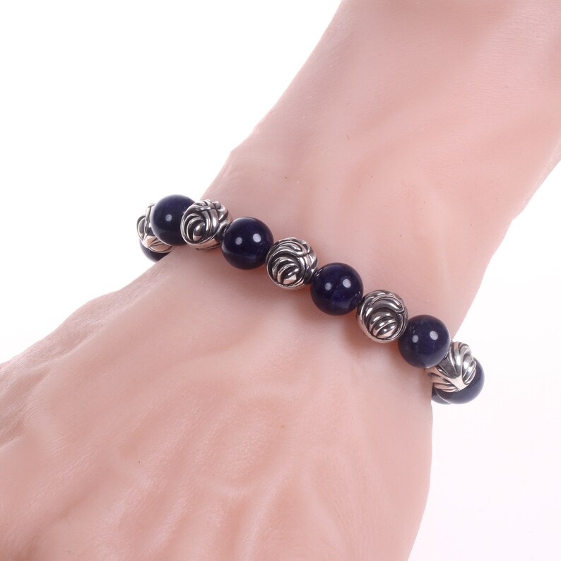 Beaded Bracelet Blue Sodalite Natural Gemstone 10mm with Five 9.5mm Solid Sterling Silver 925 Bead Elasticated Bracelet