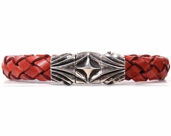 Braided Leather Bracelet Solid Sterling Silver 925 Magnetic Clasp Antique Red Color Size 10 x 6 mm Unisex