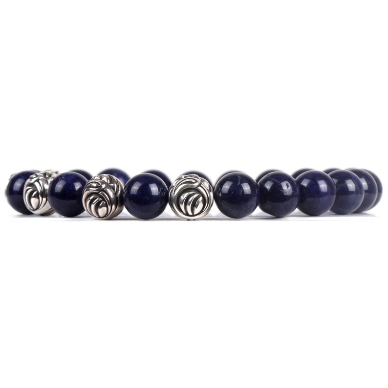 Beaded Bracelet Blue Sodalite Natural Gemstone 10mm with Five 9.5mm Solid Sterling Silver 925 Bead Elasticated Bracelet