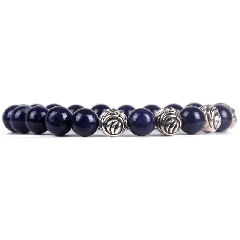 Beaded Bracelet Blue Sodalite Natural Gemstone 10mm with Five 9.5mm Solid Sterling Silver 925 Bead Elasticated Bracelet