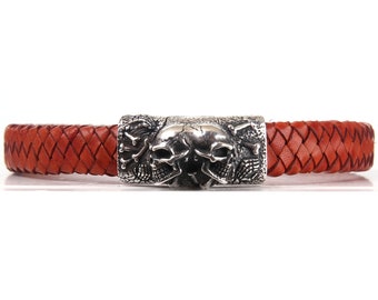 Braided Leather Bracelet Solid Sterling Silver 925 Magnetic Clasp Skull Pattern Size 12 x 5 mm Antique Red Color Unisex