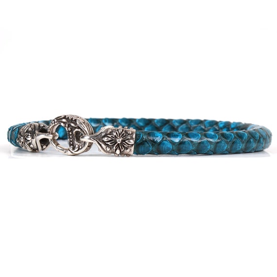 Genuine Python Leather Bracelet Sterling Silver 925 Snap Lock Cross Pattern Unisex 6mm