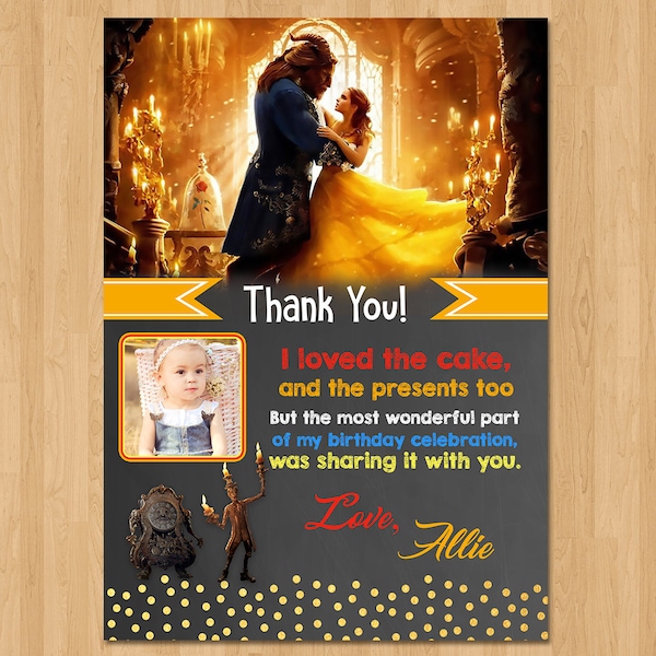 Beauty and the Beasty Thank You Card Chalkboard Gold + Red - Beauty & the Beast Movie Birthday Party - Party Favor - Photo Thank You 100648