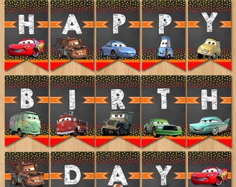 Disney Cars Happy Birthday Banner - Chalkboard Red - Lightning McQueen Birthday Party - Disney Cars Bunting Cars Birthday Party Decor 100641