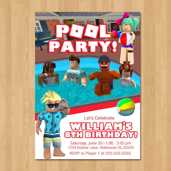 Roblox Pool Party Invitation Pool Party Roblox Birthday Etsy