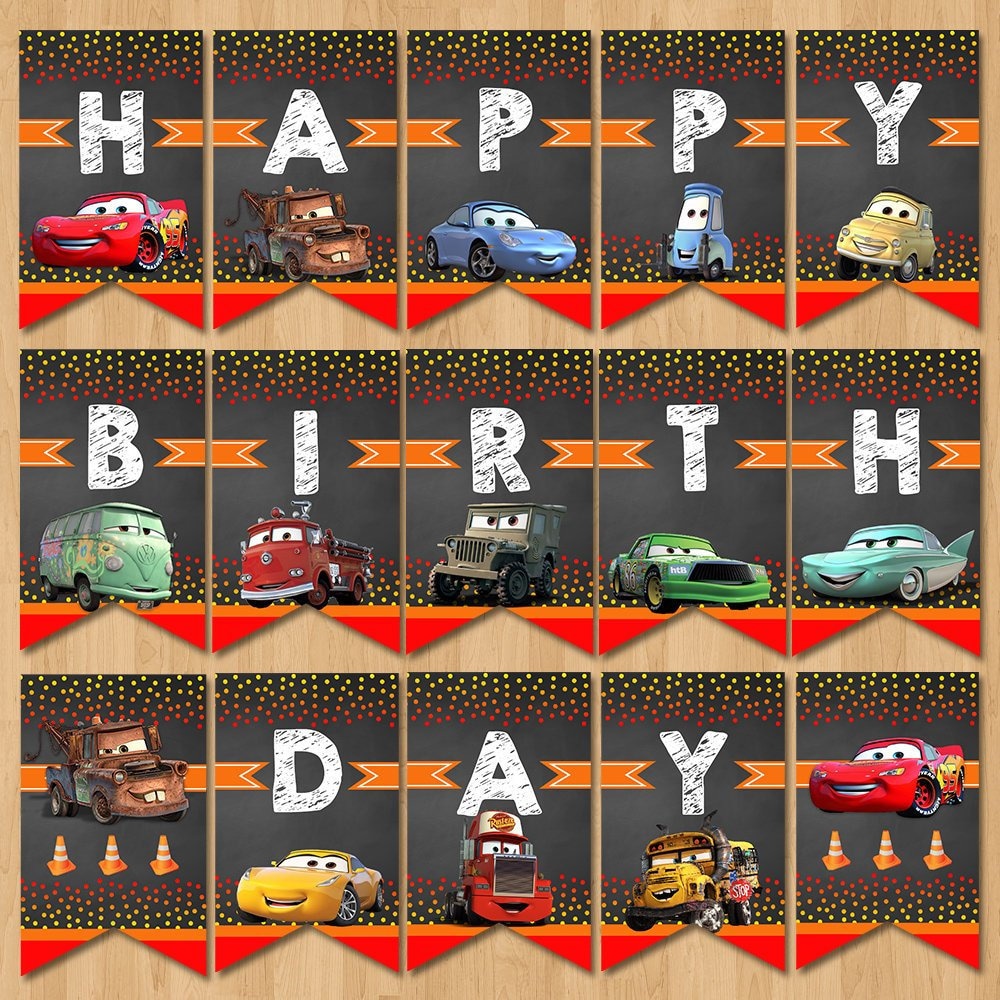 Disney Cars Happy Birthday Banner Chalkboard Red Lightning Etsy