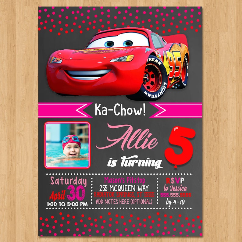 Disney Cars Invite Chalkboard Red Pink Cars Birthday Party Etsy