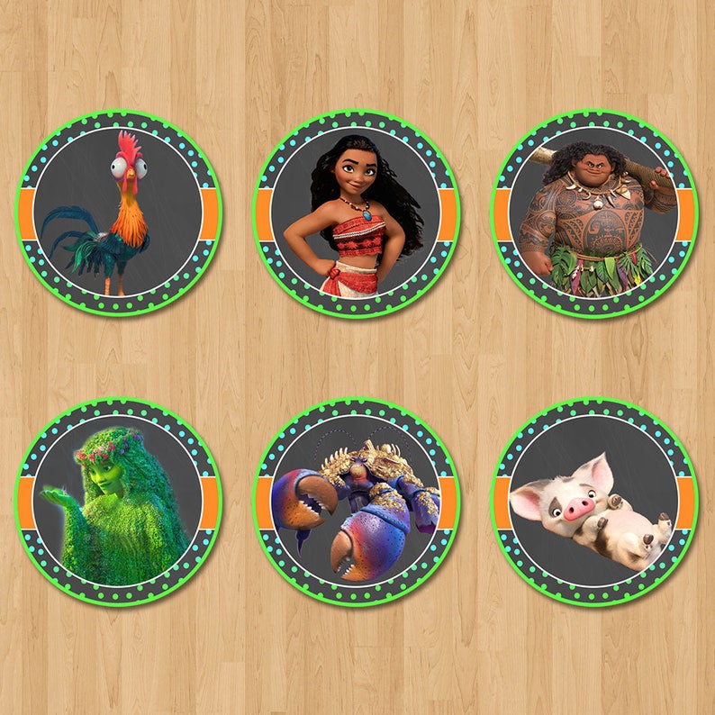 Moana Cupcake Toppers Chalkboard Orange Green and Blue Moana Birthday Party Boy Moana Party Favors Moana Stickers 2 in 100645