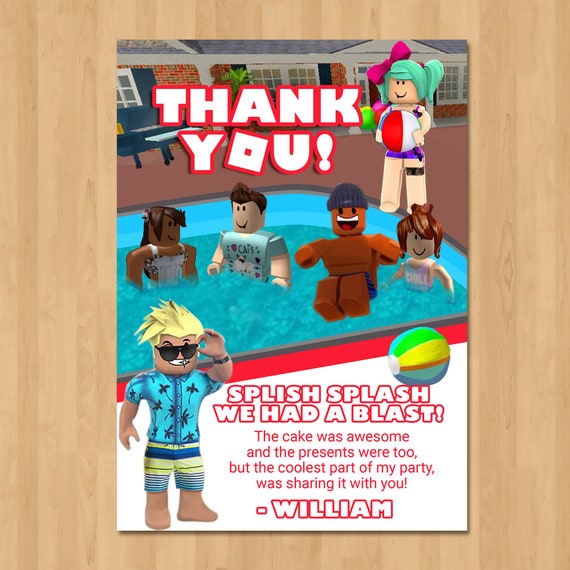 Roblox Pool Party Thank You Card Pool Party Roblox Birthday Etsy - roblox party tags chalkboard roblox birthday roblox party etsy
