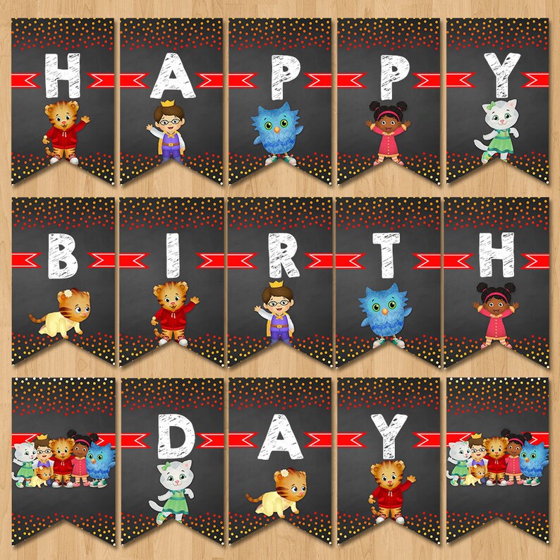 Daniel Tiger Happy Birthday Banner Chalkboard Orange &amp; Red | Etsy
