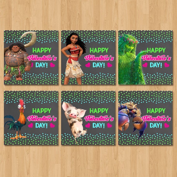 Moana Valentine's Day Cards Chalkboard Pink Green Blue | Etsy