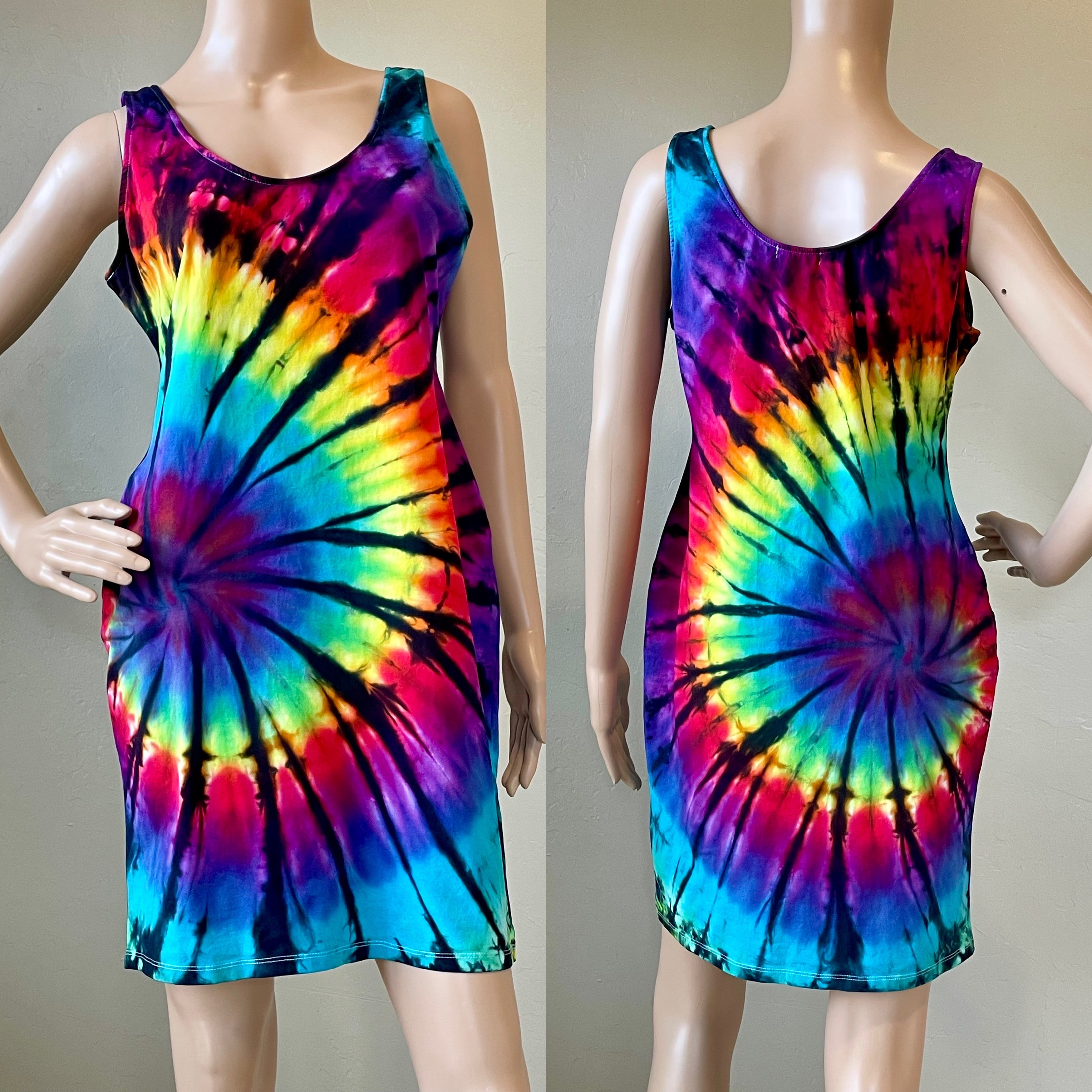 rainbow tie dye bodycon dress Retro Rainbow Tie Dye Boho Recycled Bodycon Fitted Party Dress