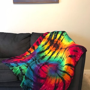 Tie Dye Throw Blanket Rainbow Black Hippie Home Decor Gift Idea