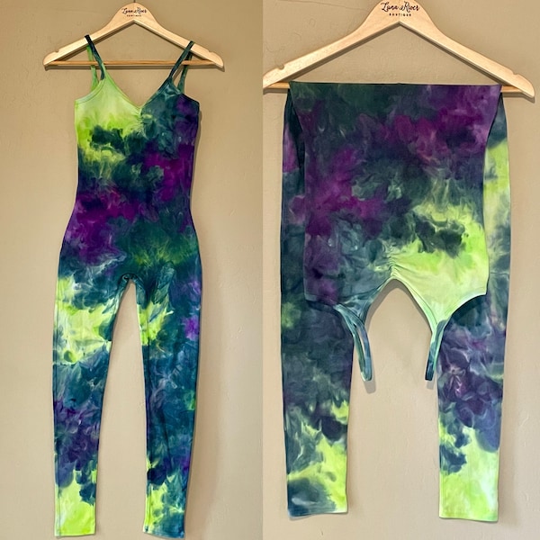 Tie Dye Bodysuit Leotard / Boho, Hippie, Festival Fashion / Purple Blue Green Ice Dyed / Unitard Catsuit Women's S-XL