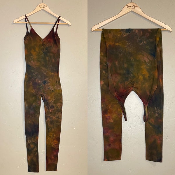 Tie Dye Bodysuit Leotard / Earth Tones Ice Dyed / Unitard Catsuit Women's Small ready to ship!