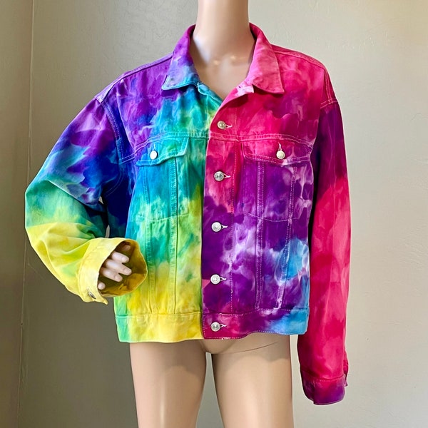 Tie Dye Denim Jacket • Ice Dye Jean Jacket • Women’s 2X Ready to Ship • Rainbow
