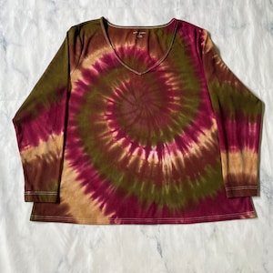 Tie Dye Shirt Long Sleeve Women&#39;s V Neck Ladies Top Earthy Rainbow 3X