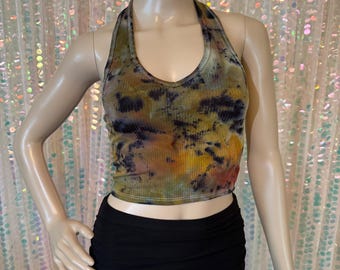Tie Dye Halter Crop Top / Women's Tank S-2X / Earth Tones Ice Dye