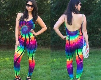 Rainbow Tie Dye Bodysuit Leotard / Boho, Hippie, Festival Fashion / Unitard Catsuit Women's S-XL