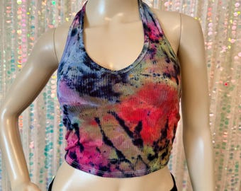 Tie Dye Halter Crop Top / Women's Tank S-XL / Rainbow Black Ice Dye