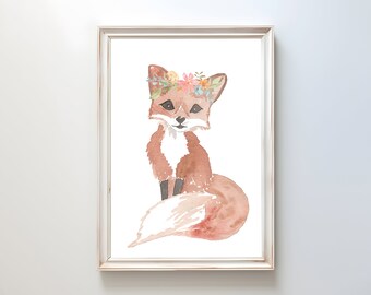 Fox floral crown | Watercolour Painting | Floral Wall Art | Floral Painting | Flowers | Home Decor | Spring | Flower | Gifts For Her