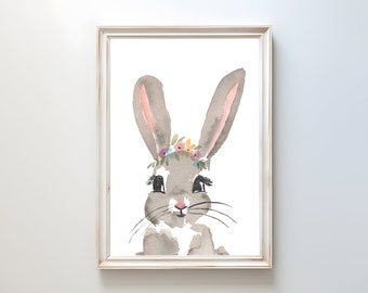 Woodland Nursery Print | Bunny Woodland Print | Watercolor Floral Crown | Bunny Floral Crown