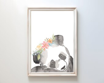 Baby animal print, nursery animal print, safari animal art, panda bear, Panda Floral Crown Watercolor | Panda Print | Floral Watercolor
