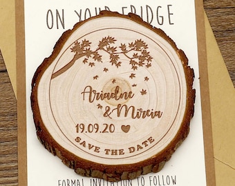 May include: A wooden save the date magnet with a tree branch design and the text "Put me on your fridge", "Ariadne & Mireia", "19.09.20", "Save the Date", and "Formal Invitation to Follow".