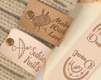 Crocheted Tags with rivets, 2.5"x0.8" Faux Leather Tags, Custom Screwing Leather Labels, Personalized Tags for Knitting Items, Handmade Tags