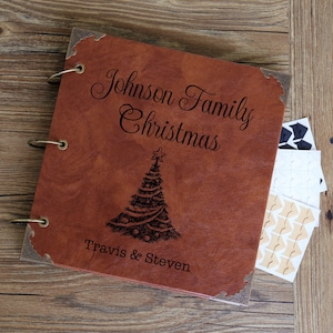 Álbum de fotos de cuero personalizado con diseño de árbol de Navidad de 10 x 10 pulgadas, regalo familiar personalizado de Navidad, álbum de fotos de Papá Noel, álbum de recuerdos navideños.