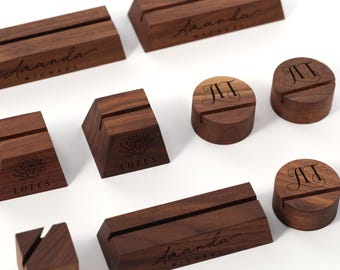 Custom Engraved Walnut Wood Card Holder, Party Table Decor, Name Tags Holder, Walnut Picture Stands, Postcard Holders, Table Number Holder