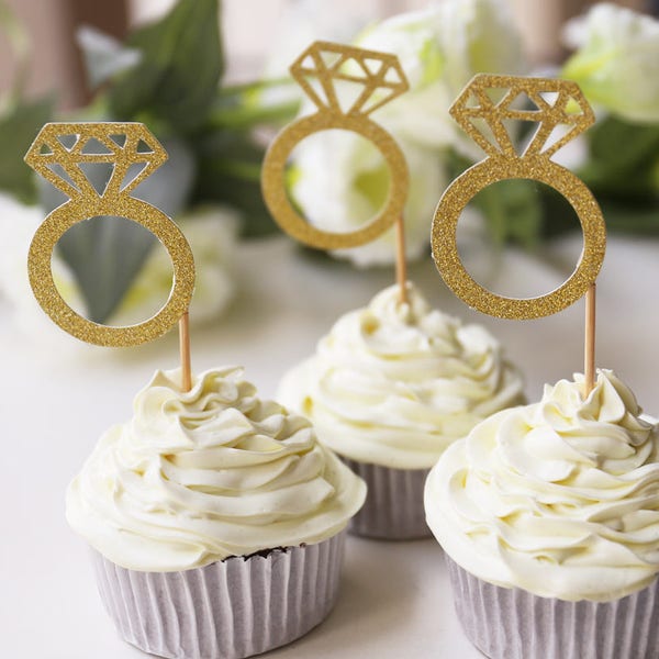 Diamond Rings cupcake Toppers /glitter gold wedding cake topper/bridal shower Cupcake Toppers/Engagement food picks