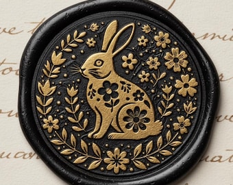 May include: A black wax seal with a gold rabbit design surrounded by flowers and foliage. The rabbit has floral patterns on its body. The seal is on a cream-colored paper with handwritten text.